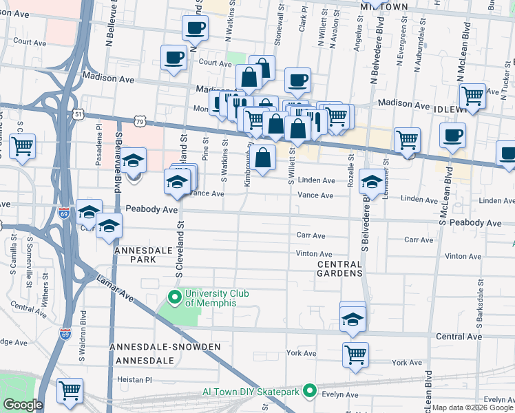 map of restaurants, bars, coffee shops, grocery stores, and more near 1483 Vance Avenue in Memphis