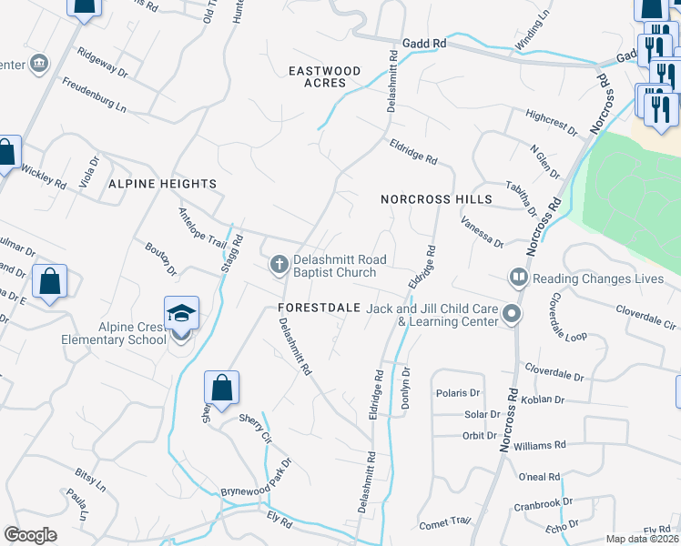 map of restaurants, bars, coffee shops, grocery stores, and more near 4810 Delashmitt Road in Chattanooga