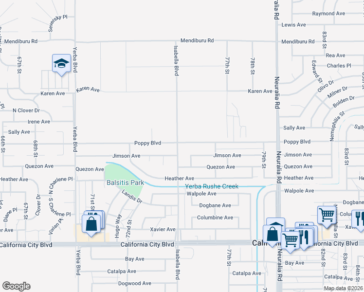 map of restaurants, bars, coffee shops, grocery stores, and more near Poppy Boulevard in California City