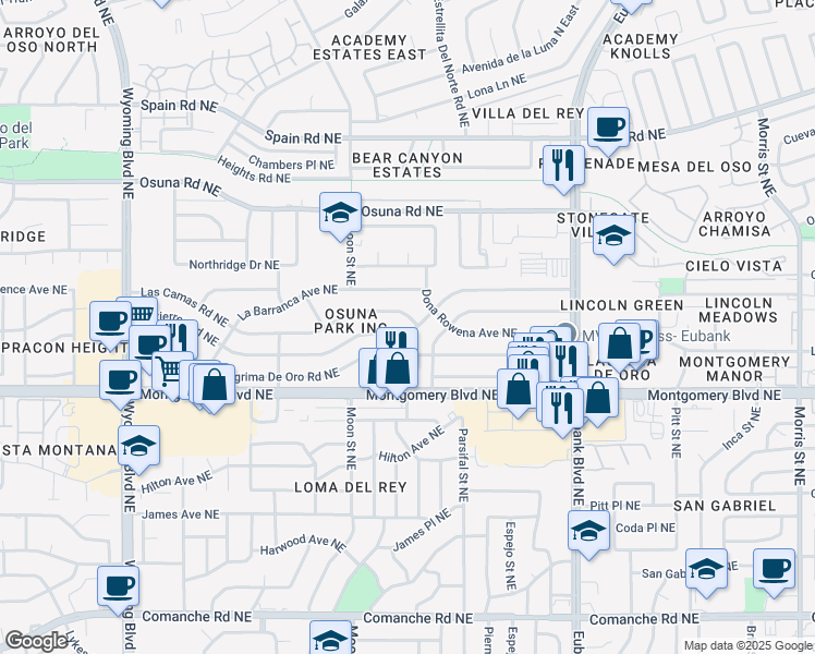map of restaurants, bars, coffee shops, grocery stores, and more near 9216 Las Camas Road Northeast in Albuquerque
