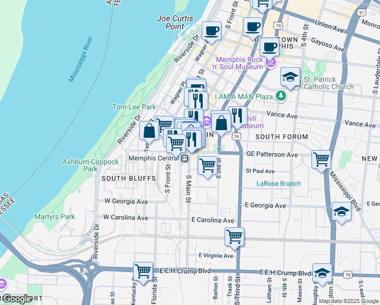 map of restaurants, bars, coffee shops, grocery stores, and more near South Main Street & East Ge Patterson Avenue in Memphis