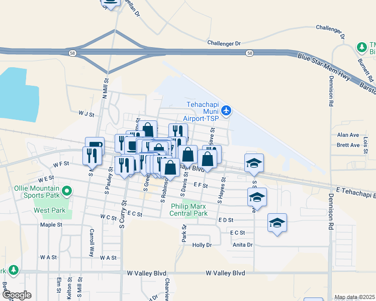 map of restaurants, bars, coffee shops, grocery stores, and more near 229 East H Street in Tehachapi