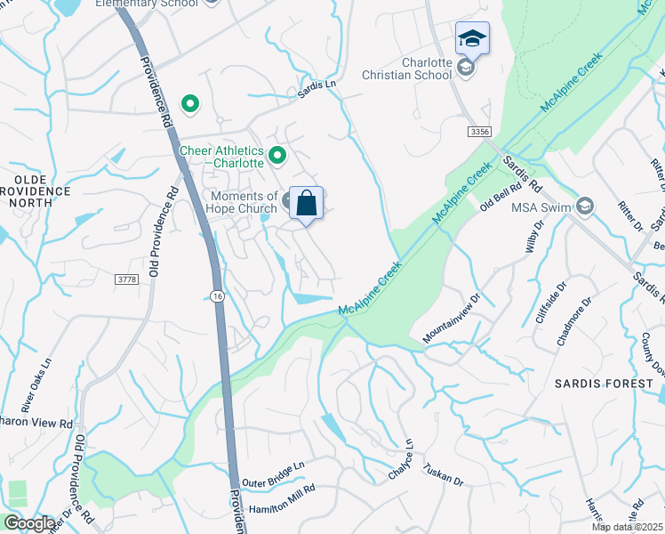 map of restaurants, bars, coffee shops, grocery stores, and more near 6625 Providence Square Drive in Charlotte