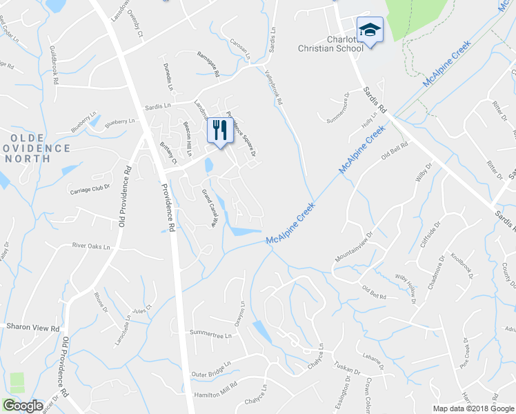 map of restaurants, bars, coffee shops, grocery stores, and more near 6625 Providence Square Drive in Charlotte