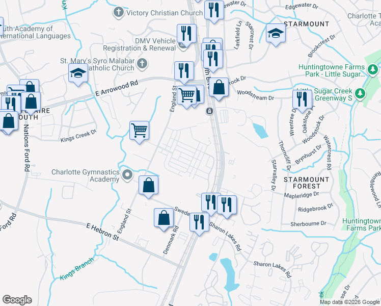 map of restaurants, bars, coffee shops, grocery stores, and more near 1103 Doveridge Street in Charlotte