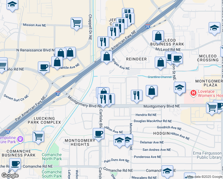 map of restaurants, bars, coffee shops, grocery stores, and more near 3833 Montgomery Boulevard Northeast in Albuquerque