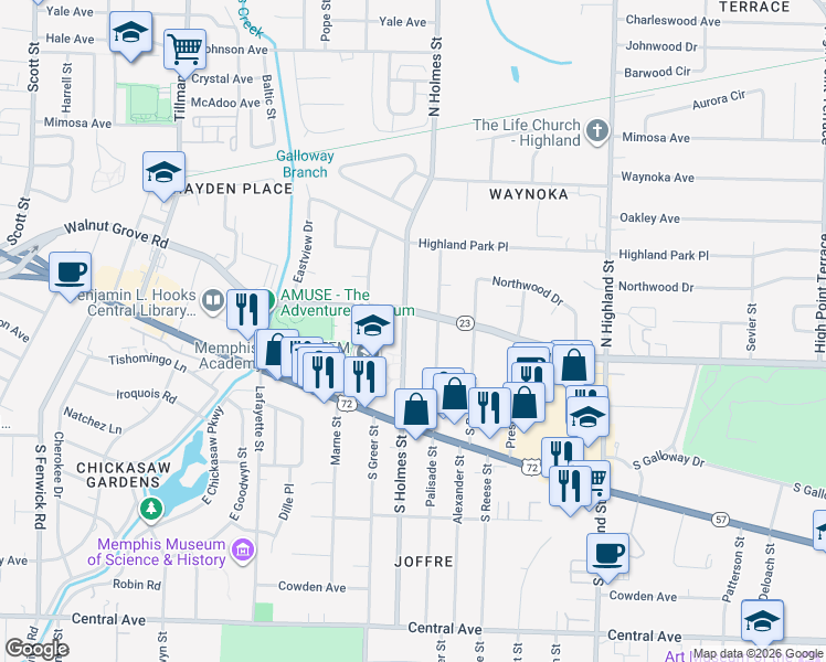 map of restaurants, bars, coffee shops, grocery stores, and more near 38 North Holmes Street in Memphis