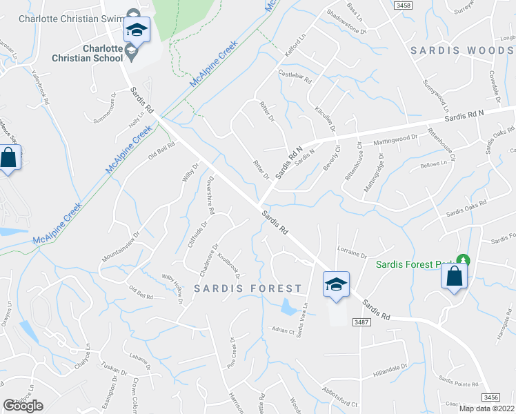 map of restaurants, bars, coffee shops, grocery stores, and more near Sardis Rd & Sardis Rd N in Charlotte