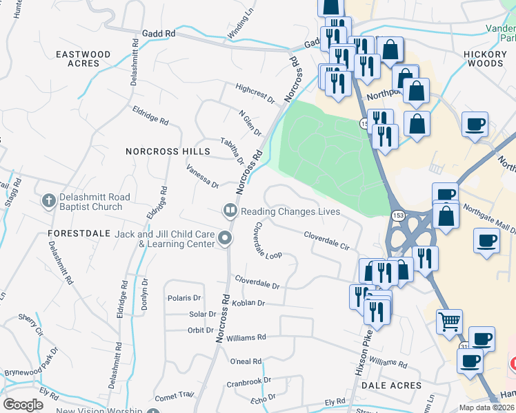 map of restaurants, bars, coffee shops, grocery stores, and more near 4603 Cloverdale Loop in Chattanooga