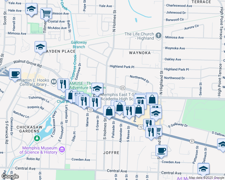 map of restaurants, bars, coffee shops, grocery stores, and more near 37 North Century Street in Memphis