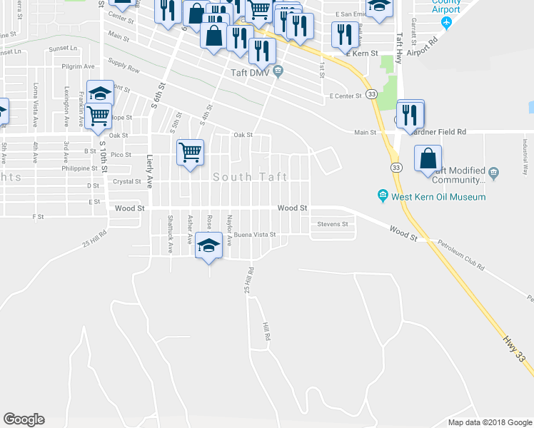 map of restaurants, bars, coffee shops, grocery stores, and more near 719 Wood Street in Taft