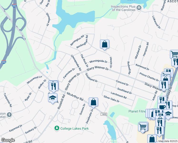map of restaurants, bars, coffee shops, grocery stores, and more near 467 Stacy Weaver Drive in Fayetteville