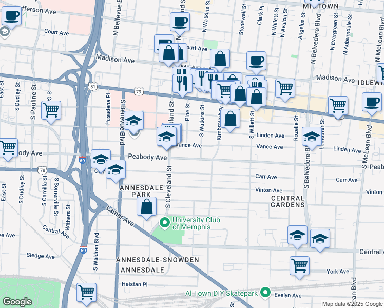 map of restaurants, bars, coffee shops, grocery stores, and more near 1396 Peabody Avenue in Memphis