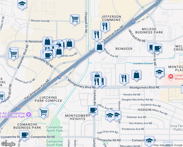 map of restaurants, bars, coffee shops, grocery stores, and more near 4601 Carlisle Boulevard Northeast in Albuquerque