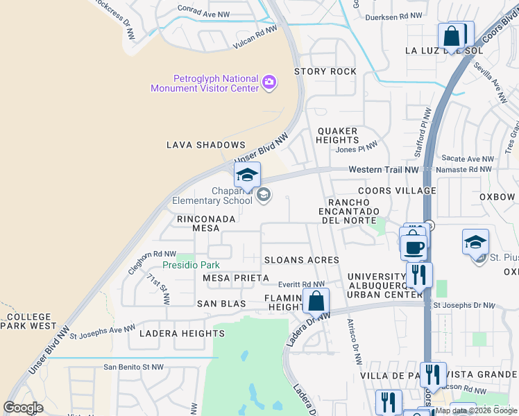 map of restaurants, bars, coffee shops, grocery stores, and more near 6325 Milne Road Northwest in Albuquerque