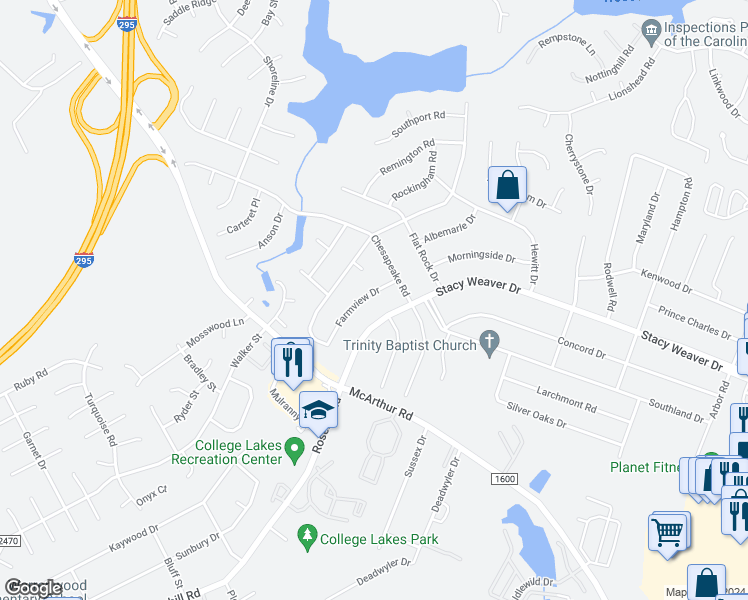 map of restaurants, bars, coffee shops, grocery stores, and more near 515 Farmview Drive in Fayetteville