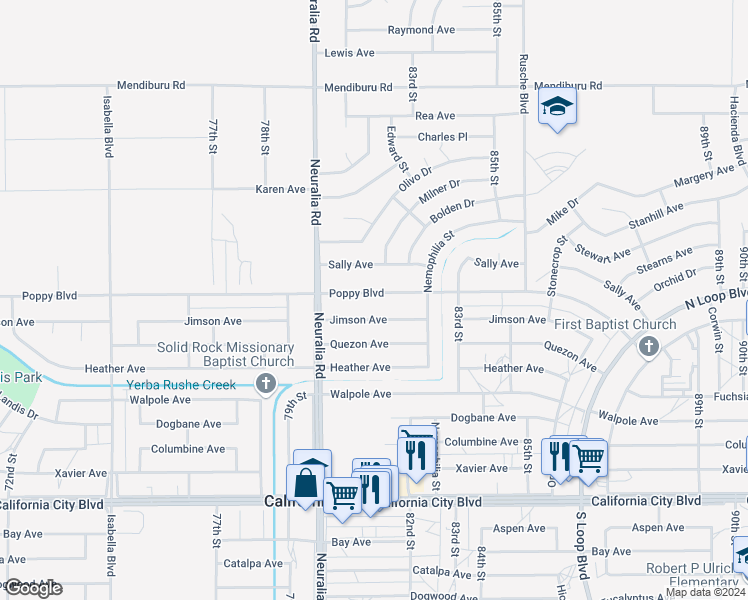 map of restaurants, bars, coffee shops, grocery stores, and more near 21400 79th Street in California City