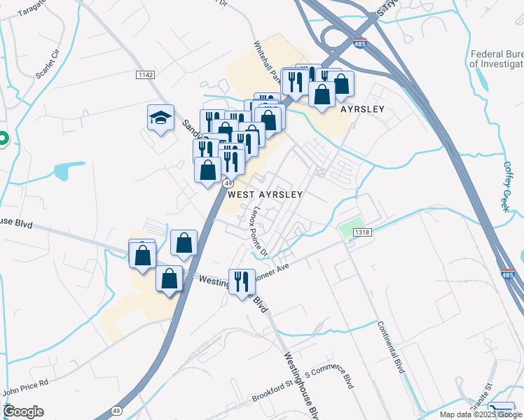 map of restaurants, bars, coffee shops, grocery stores, and more near 9025 Lenox Pointe Drive in Charlotte