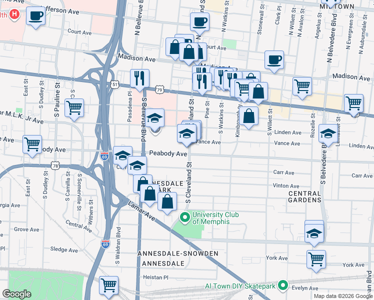 map of restaurants, bars, coffee shops, grocery stores, and more near 1350 Peabody Avenue in Memphis