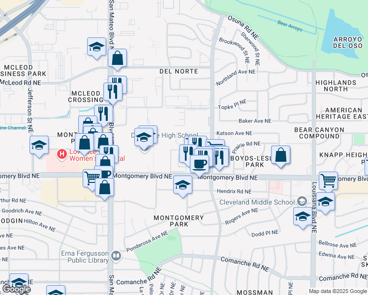 map of restaurants, bars, coffee shops, grocery stores, and more near 6024 Whisperwood Court Northeast in Albuquerque