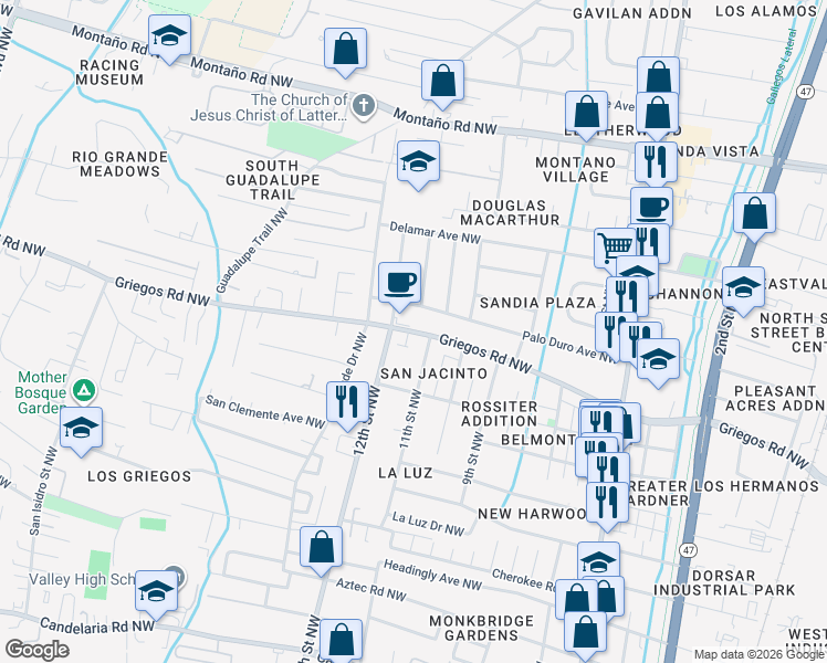 map of restaurants, bars, coffee shops, grocery stores, and more near Griegos Road Northwest in Albuquerque