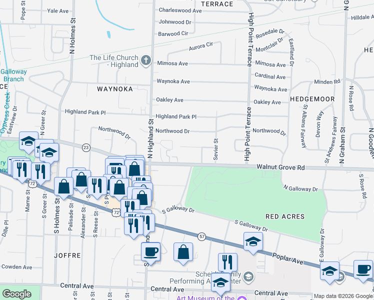 map of restaurants, bars, coffee shops, grocery stores, and more near 3605 Southwood Avenue in Memphis