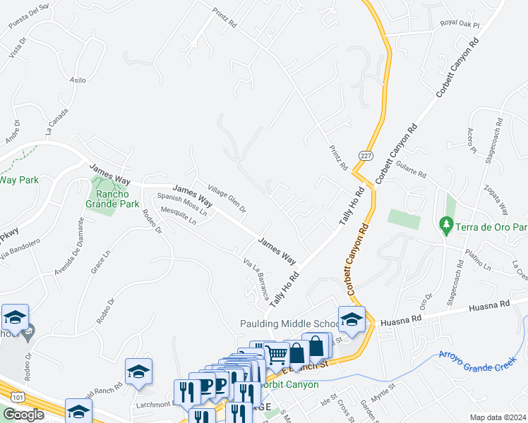 map of restaurants, bars, coffee shops, grocery stores, and more near 282 Canyon Way in Arroyo Grande