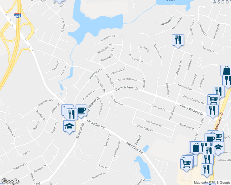 map of restaurants, bars, coffee shops, grocery stores, and more near 467 Stacy Weaver Drive in Fayetteville