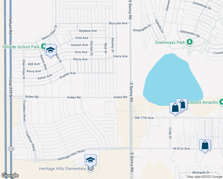 map of restaurants, bars, coffee shops, grocery stores, and more near 7408 Mosley Street in Amarillo