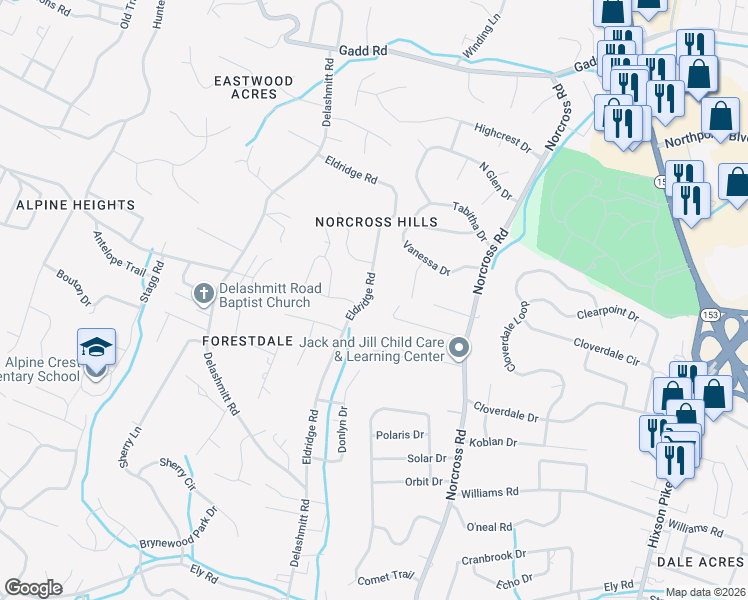 map of restaurants, bars, coffee shops, grocery stores, and more near 4814 Eldridge Road in Chattanooga