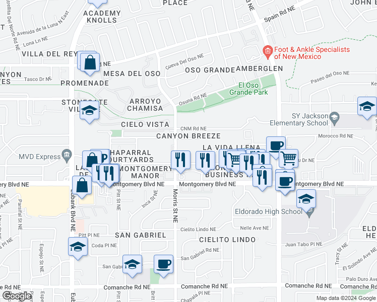 map of restaurants, bars, coffee shops, grocery stores, and more near 4440 Morris Street Northeast in Albuquerque
