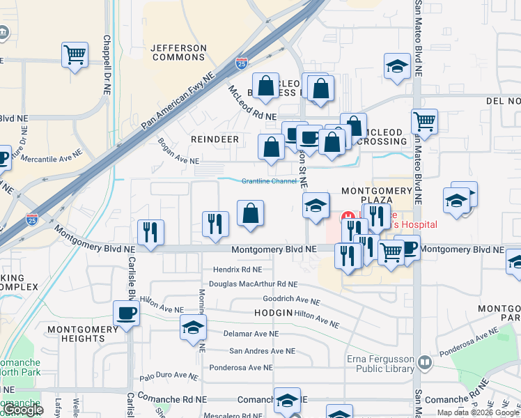 map of restaurants, bars, coffee shops, grocery stores, and more near 4321 Montgomery Boulevard Northeast in Albuquerque