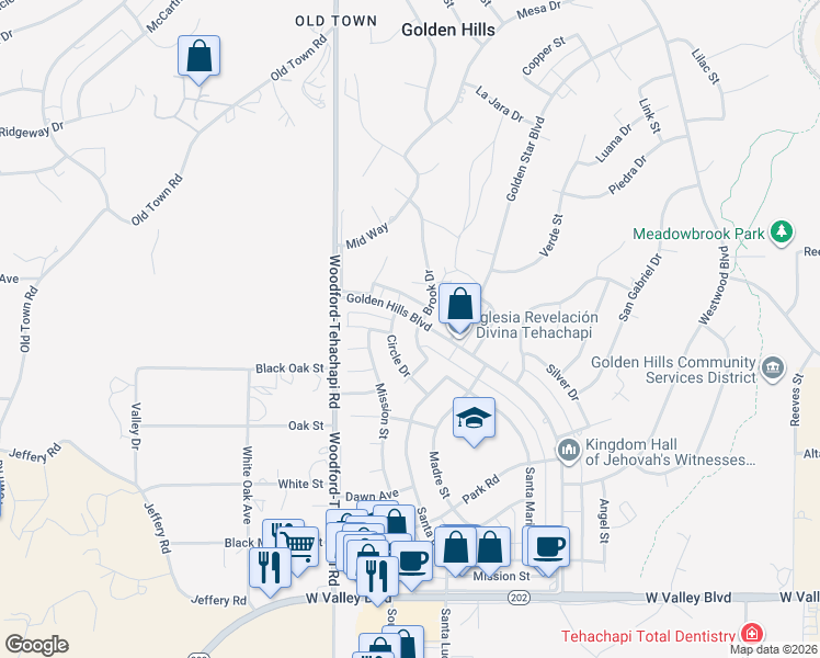 map of restaurants, bars, coffee shops, grocery stores, and more near 21550 Circle Drive in Tehachapi