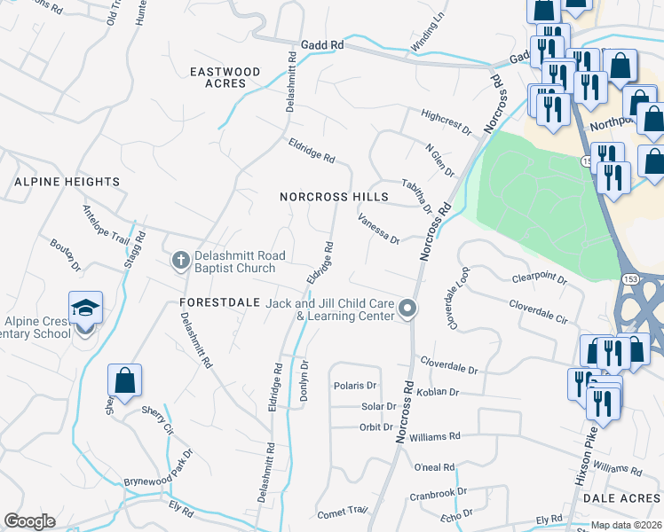 map of restaurants, bars, coffee shops, grocery stores, and more near 4814 Eldridge Road in Chattanooga