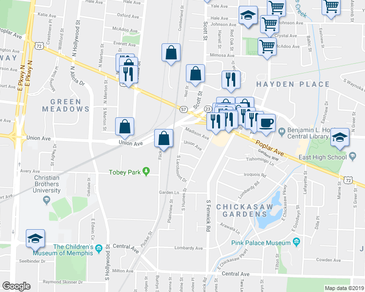 map of restaurants, bars, coffee shops, grocery stores, and more near 25 North Larchmont Drive in Memphis