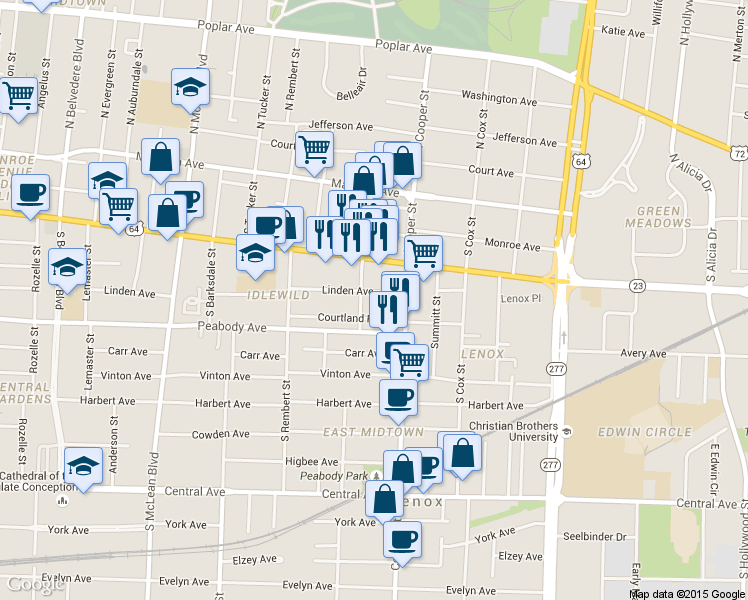 map of restaurants, bars, coffee shops, grocery stores, and more near 2073 Linden Avenue in Memphis
