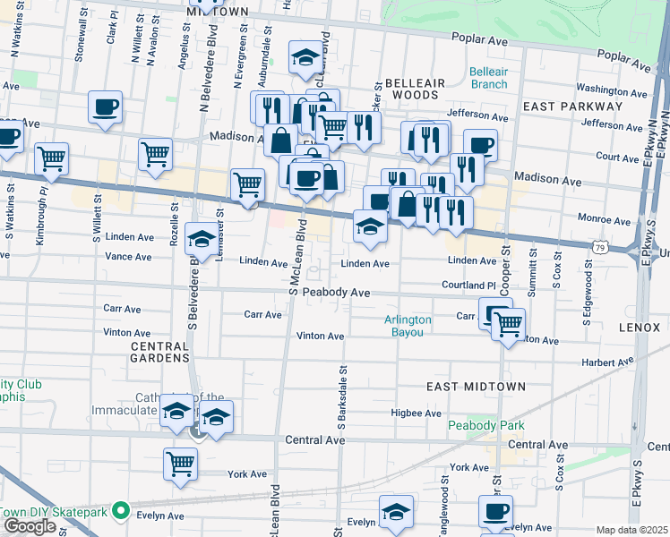 map of restaurants, bars, coffee shops, grocery stores, and more near 1895 Linden Avenue in Memphis