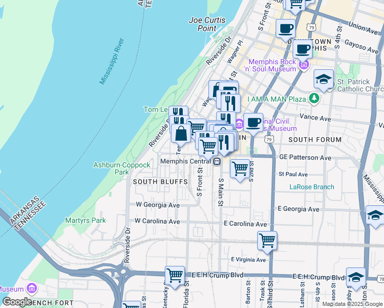 map of restaurants, bars, coffee shops, grocery stores, and more near 6 West GE Patterson Avenue in Memphis