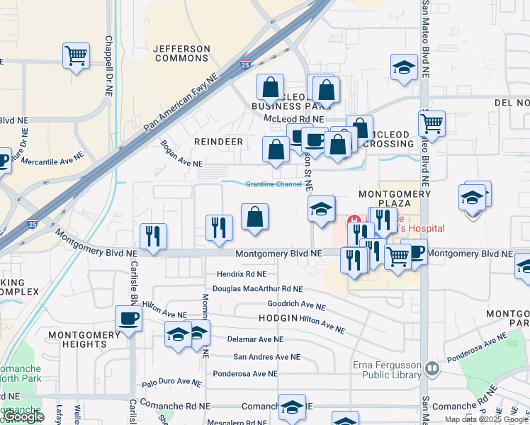 map of restaurants, bars, coffee shops, grocery stores, and more near 4321 Montgomery Boulevard Northeast in Albuquerque