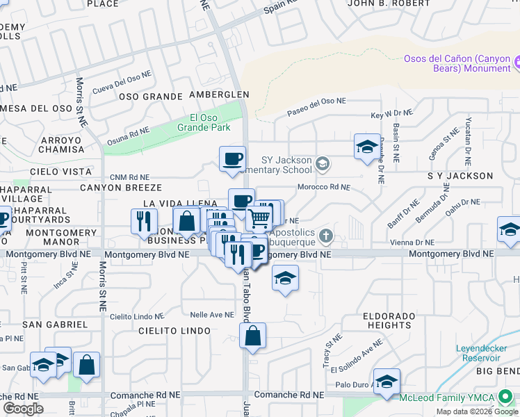 map of restaurants, bars, coffee shops, grocery stores, and more near 4604 Algiers Drive Northeast in Albuquerque