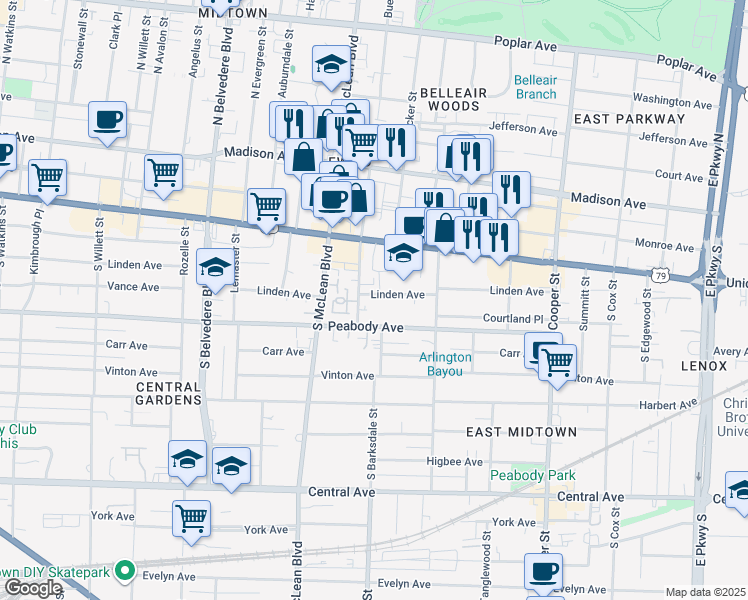 map of restaurants, bars, coffee shops, grocery stores, and more near 1905 Linden Avenue in Memphis