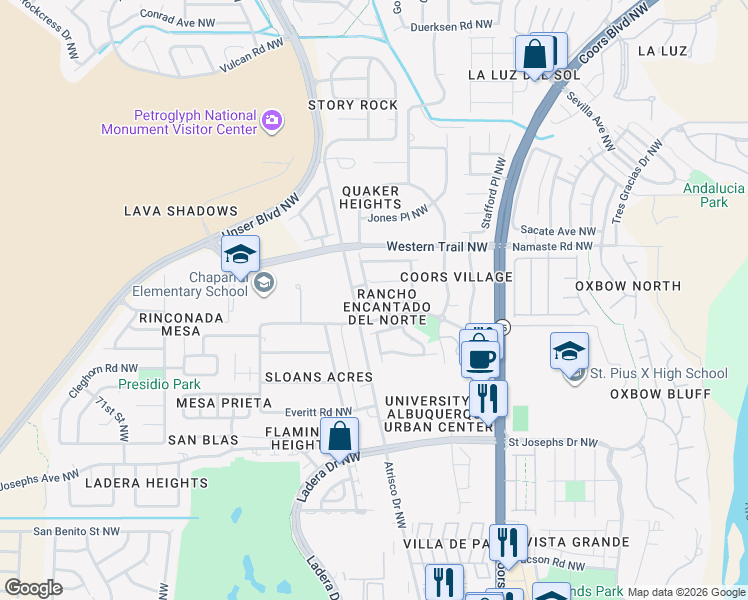 map of restaurants, bars, coffee shops, grocery stores, and more near 5929 Las Cadenas Road Northwest in Albuquerque