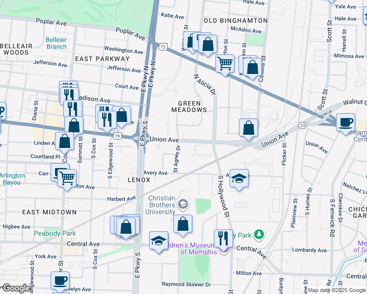 map of restaurants, bars, coffee shops, grocery stores, and more near 2433 Union Avenue in Memphis