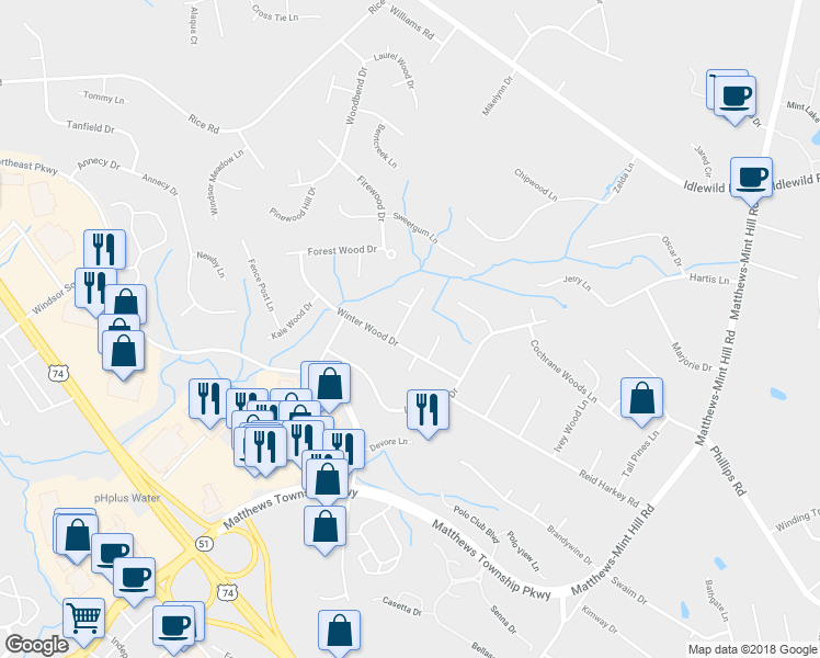 map of restaurants, bars, coffee shops, grocery stores, and more near 1208 Falkenburg Court in Matthews