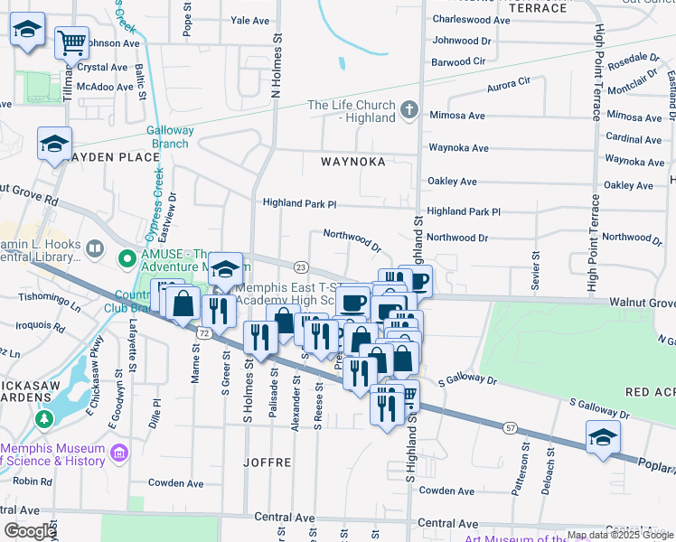 map of restaurants, bars, coffee shops, grocery stores, and more near 3390 Walnut Grove Road in Memphis