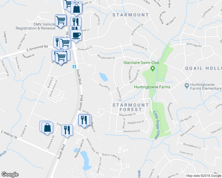 map of restaurants, bars, coffee shops, grocery stores, and more near 7217 Starvalley Drive in Charlotte