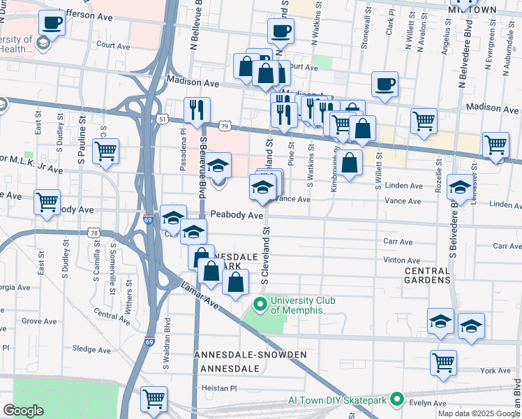 map of restaurants, bars, coffee shops, grocery stores, and more near 1350 Peabody Avenue in Memphis