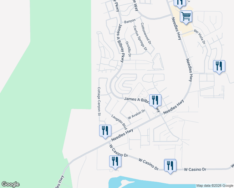 map of restaurants, bars, coffee shops, grocery stores, and more near 3525 Cottage Meadow Way in Laughlin