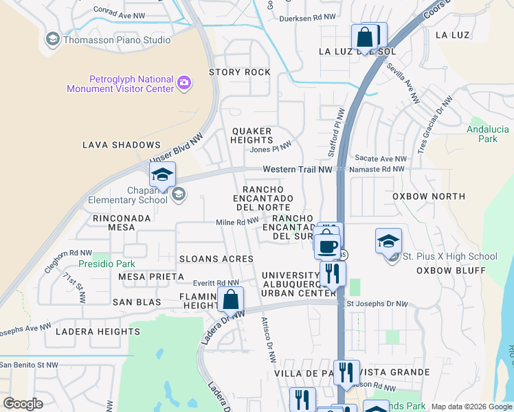 map of restaurants, bars, coffee shops, grocery stores, and more near 5929 Las Cadenas Road Northwest in Albuquerque