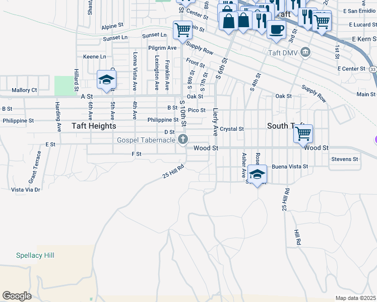 map of restaurants, bars, coffee shops, grocery stores, and more near 101 Wood Street in Taft